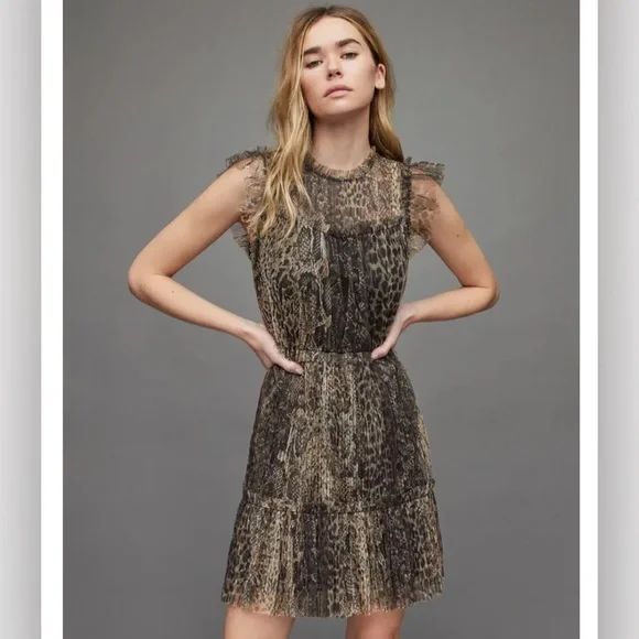 All Saints Perri Noche Animal Print Cap Sleeve Ruffle Mesh Minidress XL *flawed* - Picture 2 of 11